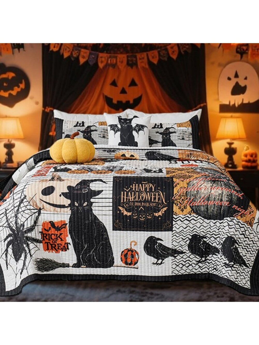 Spooky Halloween Quilt Set - 3 Piece Black Cat Pumpkin Skull Bedding King Size